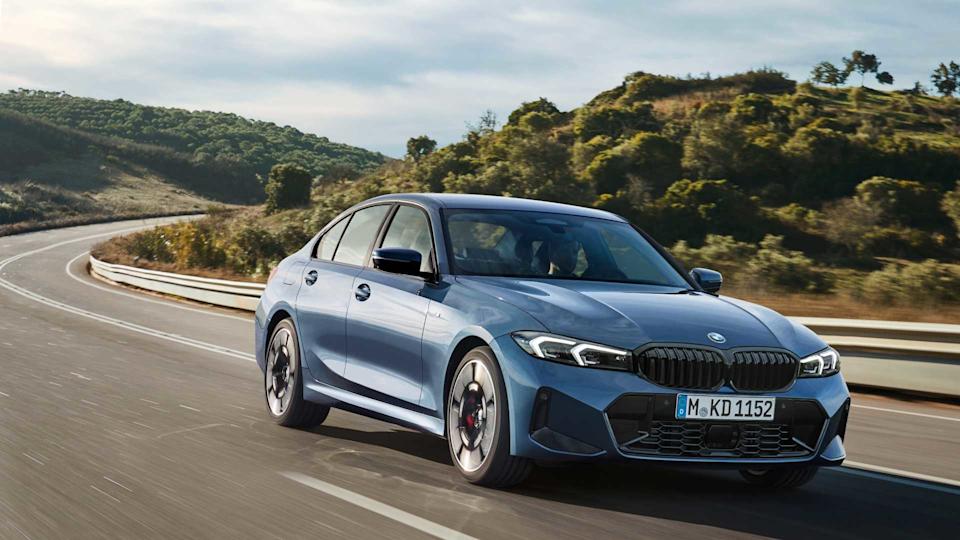 Front 3/4 action shot of a 2025 BMW 3-Series