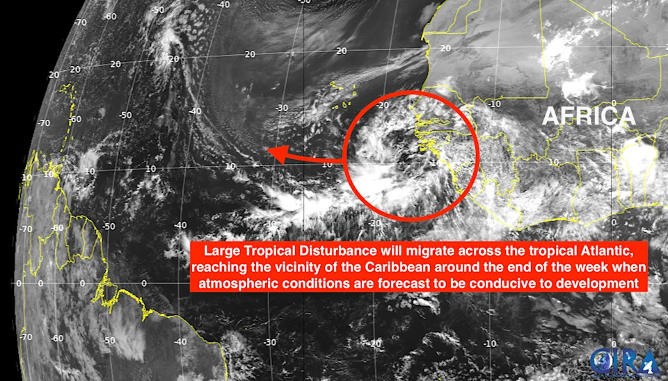 Large tropical disturbance off the western coast of Africa.
