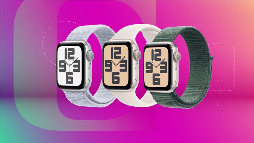 Three Apple Watch SE smartwatches displayed against a gradient fuschia background