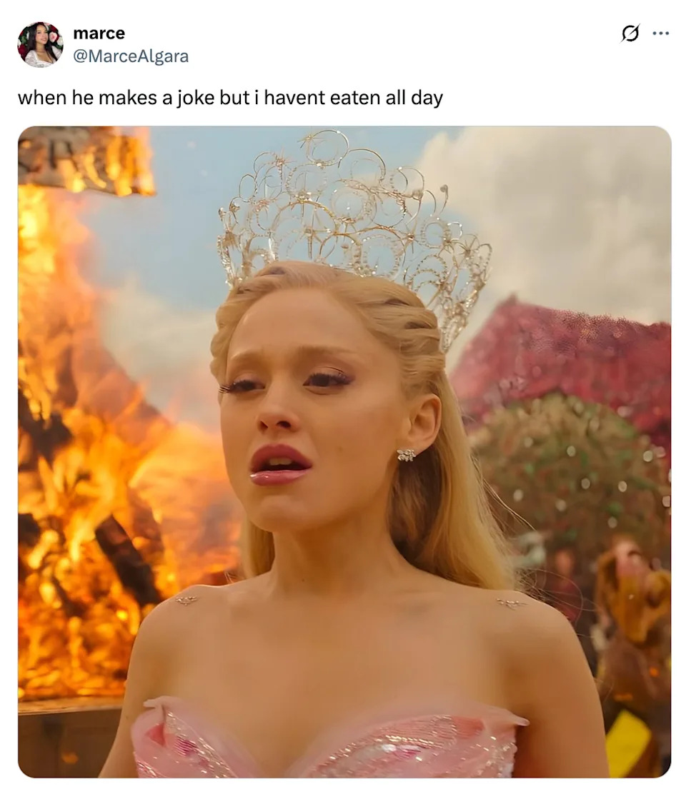 Person with a crown looks upset, background shows flames. Caption: "when he makes a joke but i haven't eaten all day."