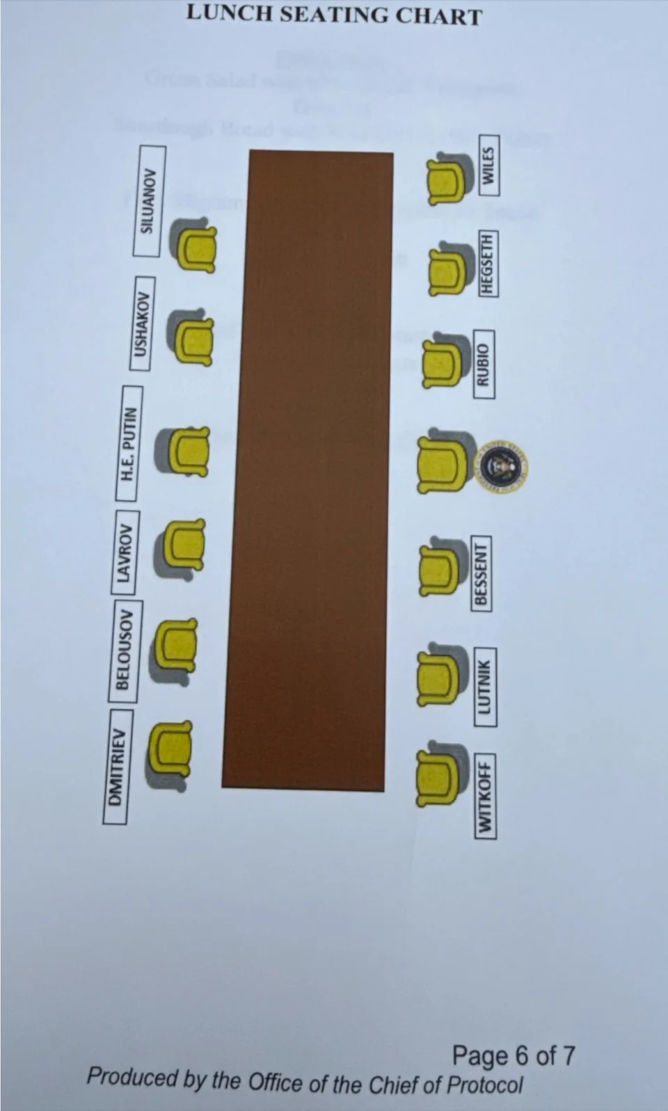 The eight-page bundle also contained seating plans for a diplomatic lunch that had been inexplicably called off before the documents were found. / Office of the Chief of Protocol
