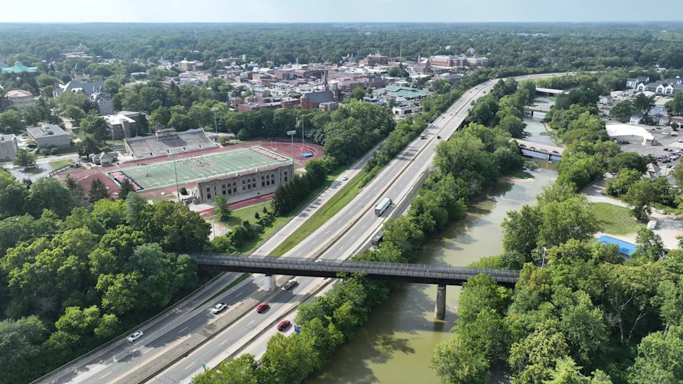 US Rt. 23 is nestled between the Olentangy River and downtown Delaware, Ohio on August 11, 2025. At left is Selby Stadium at Ohio Wesleyan University. Parallel to a new interstate highway feasibility study, the Gov. Mike DeWine administration has been pushing for massive improvements to U.S. 23 from Worthington to Waldo. In 2024, DeWine unveiled plans to remove 33 of 39 traffic lights, install overpasses and add interchanges along the 23-mile stretch in an attempt to improve traffic and improve safety.