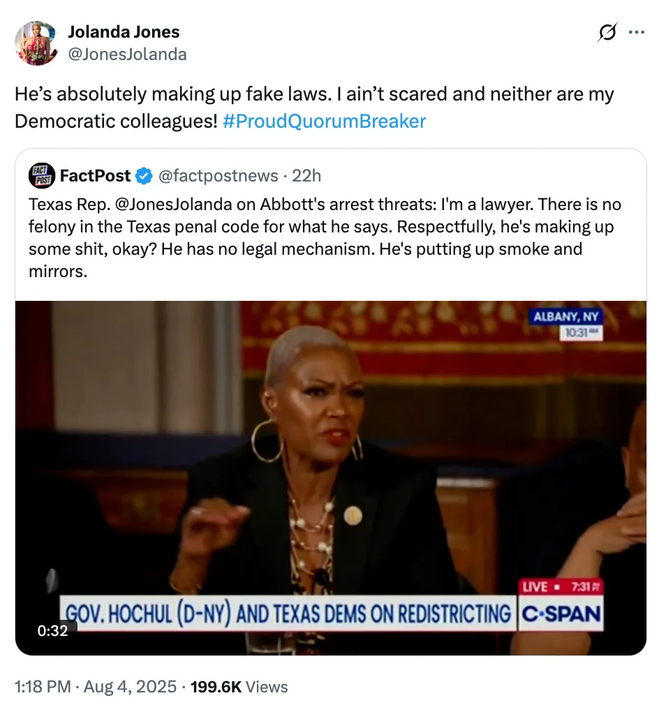 A speaker debates Texas redistricting threats, criticized for lacking legal basis. Tweet by Jolanda Jones challenges fake laws and defends Democratic stance