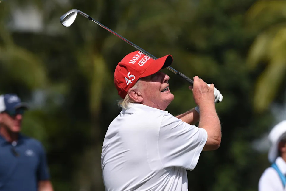 DORAL, FL - OCTOBER 27: Former President Donald Trump, plays in the ProAm ahead of the LIV Golf Team Championship, on October. 27, 2022, at Trump National Doral Golf Club in Doral, FL. (Photo by Michele Eve Sandberg/Icon Sportswire via Getty Images)Icon Sportswire/Getty Images