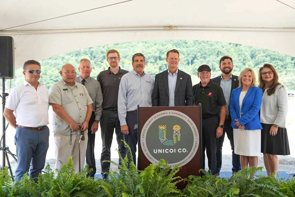 From left to right: JP Metcalf, Tennessee business leader of Plastiexports; Unicoi County Mayor Garland Evely; Erwin Mayor Glenn White; Michael Fink, director of operations for PolyPipe; Lee Brown, president and CEO of Erwin Utilities; Commissioner Stuart McWhorter; Perry Muse, vice president of manufacturing and general manager of Foam Products; Austin Finch, economic development director of Erwin; state Rep. Renee Jones; and Lynn Tully, northwest Tennessee regional director, gather to announce $4 million in grants for the Riverview Industrial Park in Erwin.