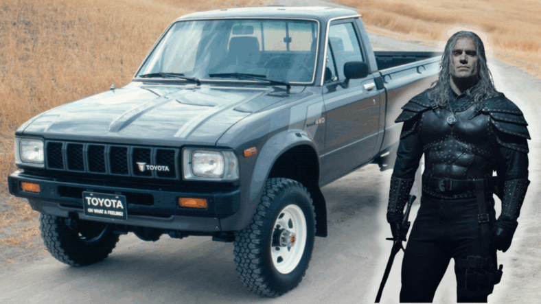 Geralt of Rivia next to a 1984 Toyota Pickup