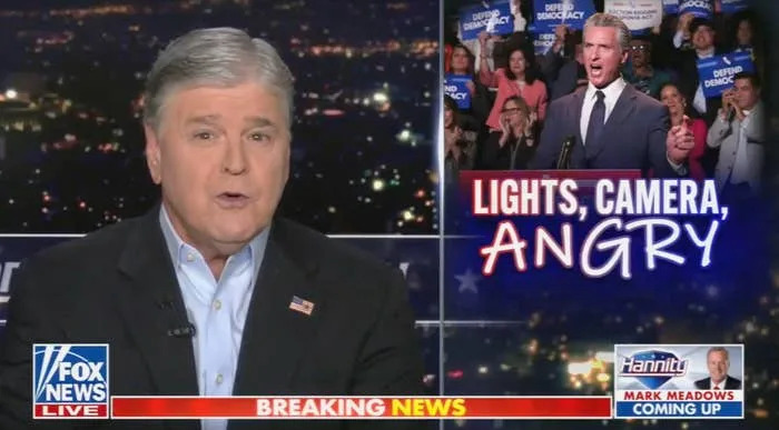 TV news broadcast featuring a host speaking and an inset image of a politician at a rally, with overlay text "Lights, Camera, Angry."