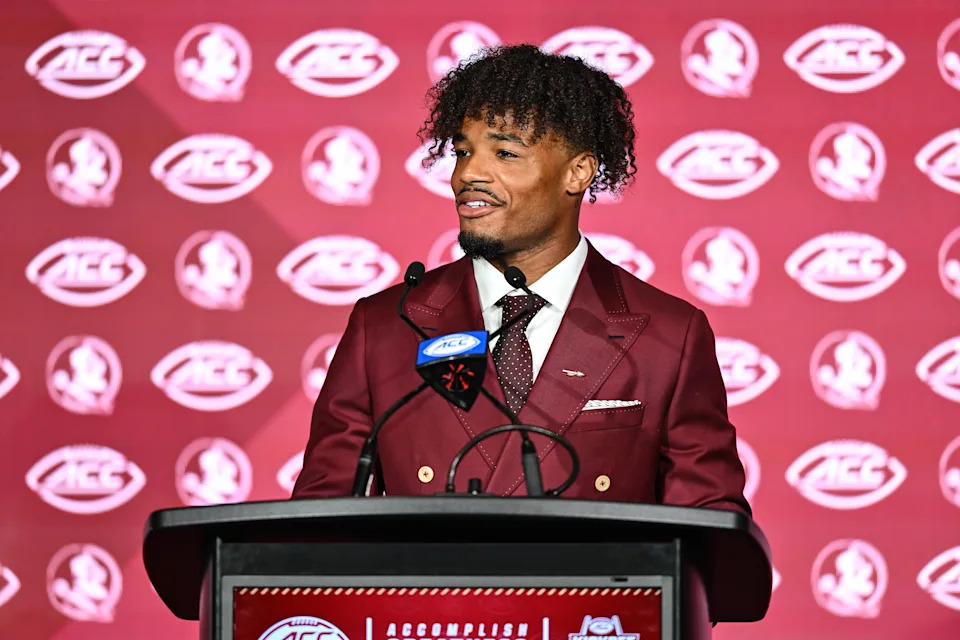CHARLOTTE, NORTH CAROLINA - JULY 23: Quarterback Tommy Castellanos #1 of the Florida State Seminoles speaks during the ACC Football Kickoff at Hilton Charlotte Uptown on July 23, 2025 in Charlotte, North Carolina. (Photo by Matt Kelley/Getty Images)