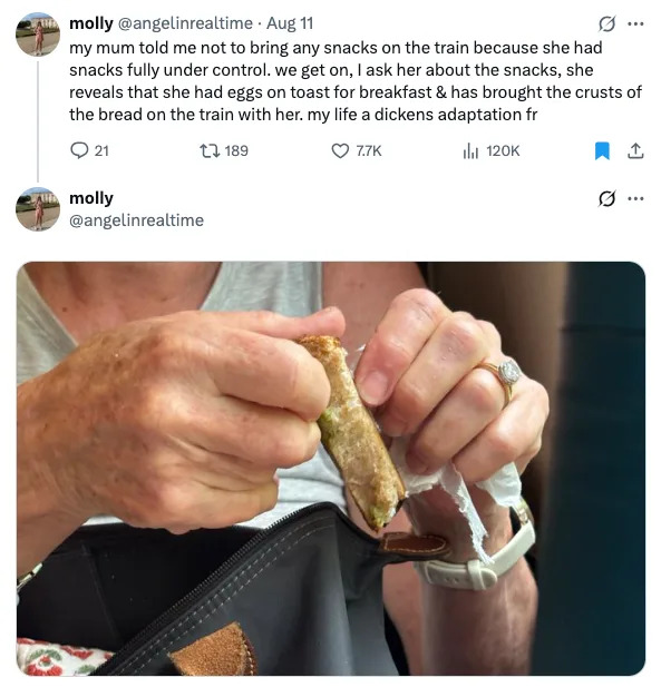 Tweet about a mother bringing crusts of bread on a train, resembling a Dickens adaptation. Image shows close-up of hands holding a bread crust