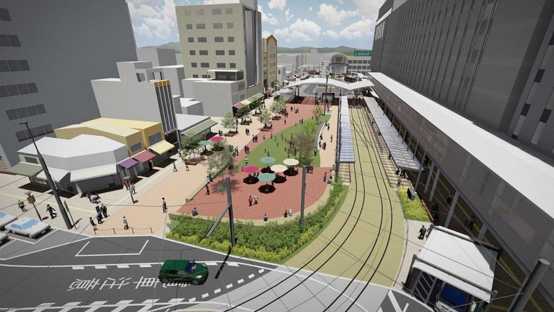 松山市駅西側から見た交流広場の完成イメージ(松山市提供)