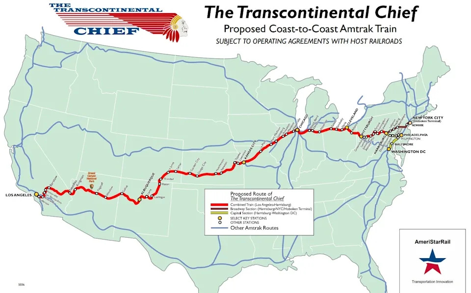 Wilmington, Delaware rail company AmeriStarRail is proposing building a new Amtrak route to take people from Los Angeles to New York called The Transcontinental Chief.