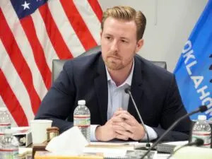  State Superintendent Ryan Walters attends a meeting of the Oklahoma State Board of Education on Feb. 27 in Oklahoma City. (Photo by Nuria Martinez-Keel/Oklahoma Voice)