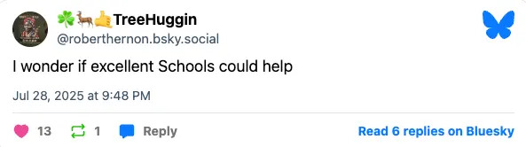 Social media post by TreeHuggin reads, "I wonder if excellent schools could help."