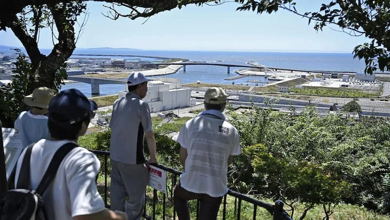 People who evacuated to Hiyoriyama mountain watch toward the sea in Ishinomaki, Miyagi prefecture, northern Japan, Wednesday, July 30, 2025, after a powerful earthquake in Russia's Far East prompted a tsunami alert in parts of Japan.