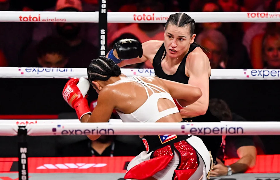 New York , United States - 11 July 2025; Katie Taylor, right, and Amanda Serrano during their undisputed super lightweight championship fight at Madison Square Garden in New York, USA. (Photo By Stephen McCarthy/Sportsfile via Getty Images)