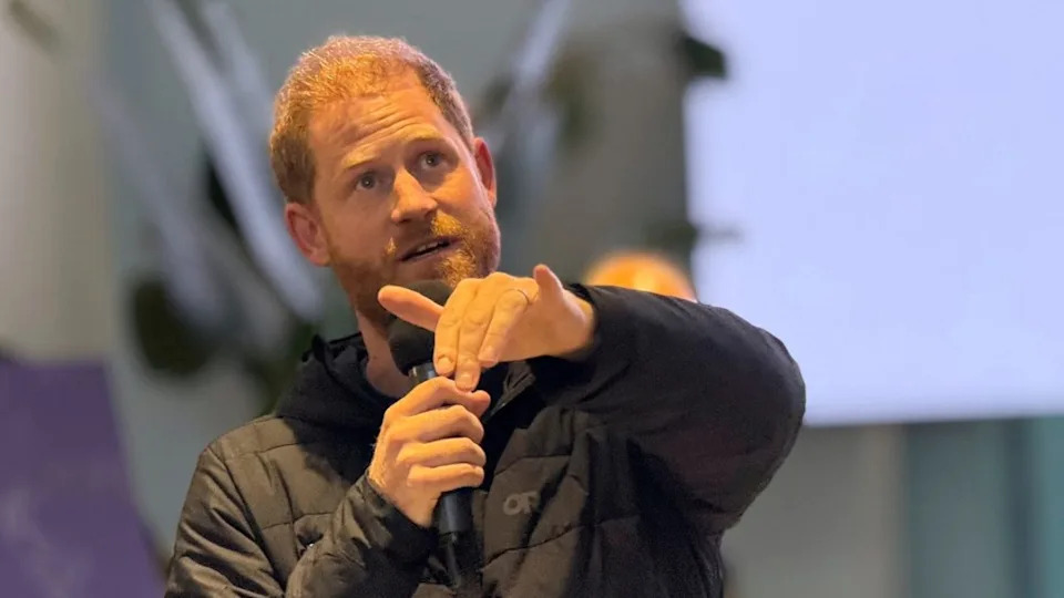 Britain’s Prince Harry speaks to Ukrainian war veterans during his visit to Superhumans rehabilitation center near Lviv, Ukraine, on April 10, 2025.