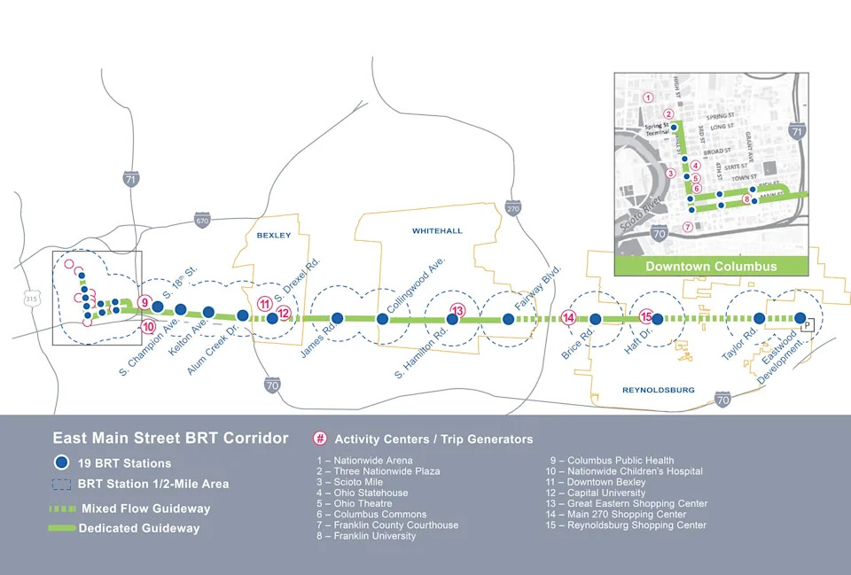 LinkUS map of the proposed East Main St. corridor shows a bus rapid transit, or BRT, line running from downtown Columbus through Olde Towne East/Near East Side, Bexley, Mideast/Eastmoor, Whitehall, Far East Side and Reynoldsburg.