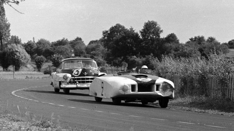 Cadillac's Le Monstre racecar leads a second Caddy racers at 1950 Le Mans