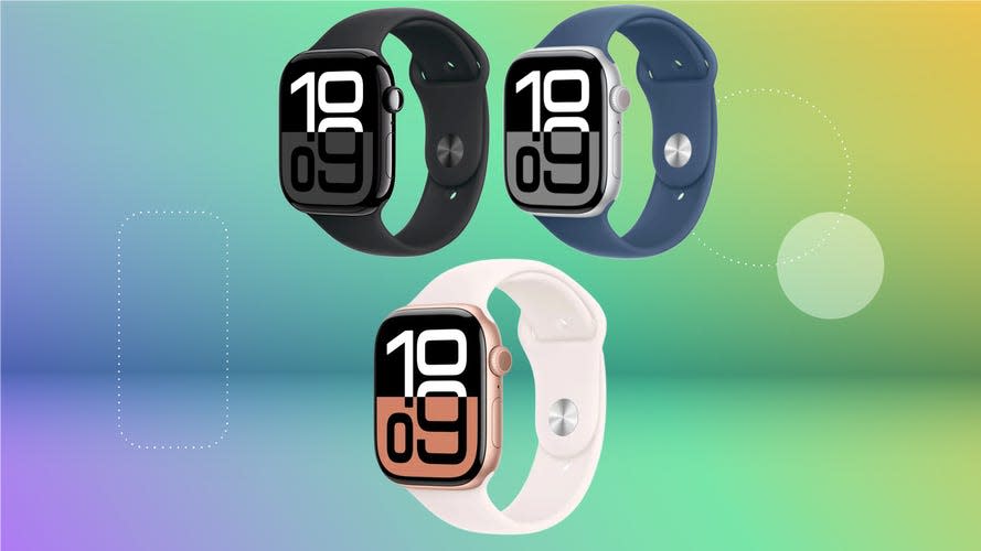 Apple Watch Series 10 rose gold, silver and jet black on rainbow CNET background