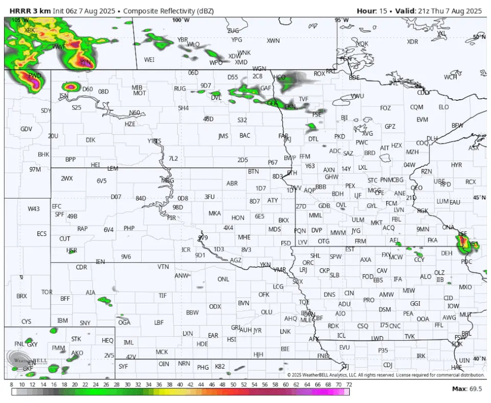 The HRRR radar simulation from 4 p.m. Thursday to 12 p.m. Friday.WeatherBell