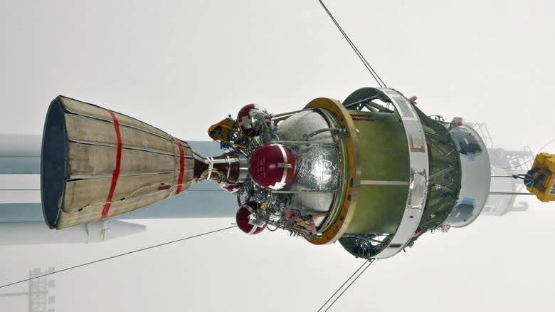 The Delta II second stage for NASA Orbiting Carbon Observatory-2 mission, or OCO-2, is lifted to the top of the mobile service tower at Space Launch Complex 2 on Vandenberg Air Force Base in California.