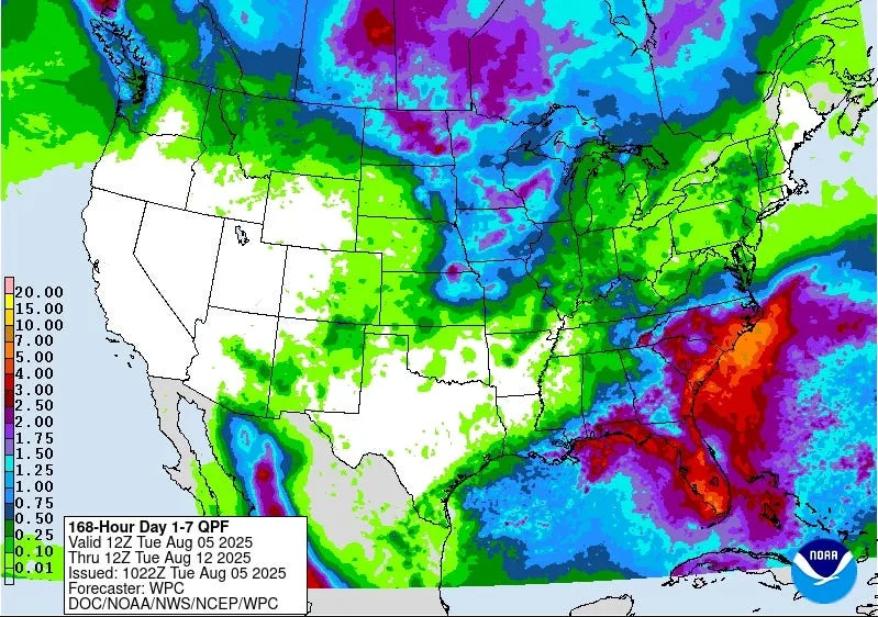 Weather Prediction Center map shows the 7-day rainfall outlook through Tuesday, Aug. 12.