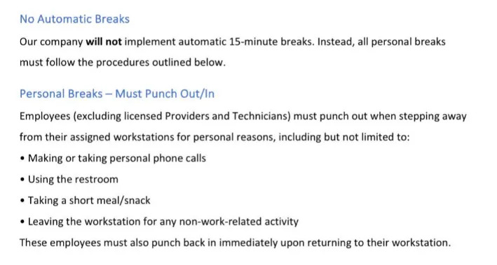 Summary of break policy update: No automatic 15-minute breaks. Personal breaks require punching out/in. Specific tasks listed, apply when away from workstations