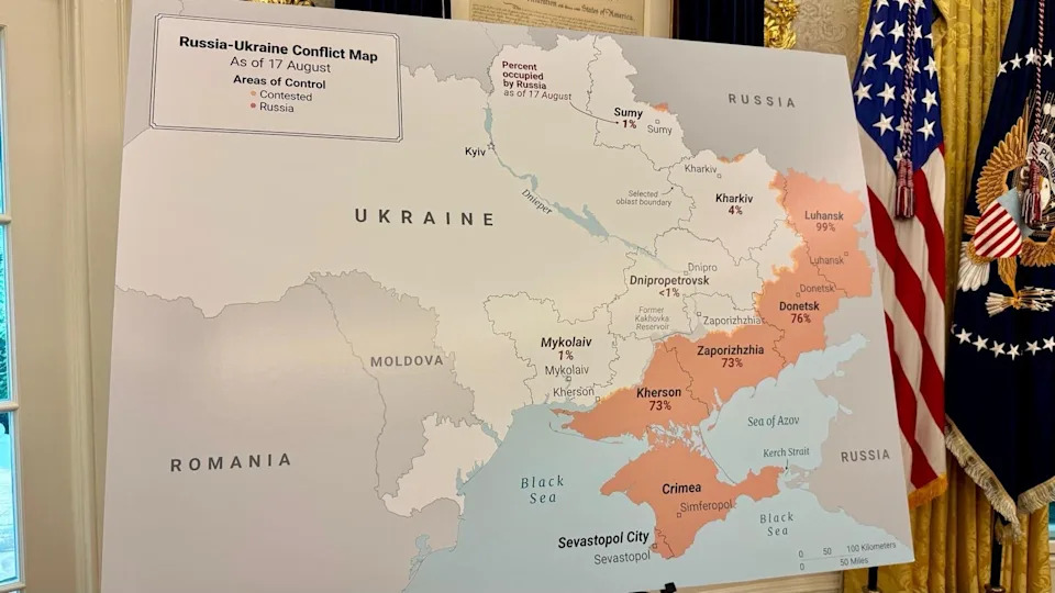 This map of Ukraine, showing the percentage of different regions under Russian control, was displayed in the Oval Office during President Trump's meeting with Ukrainian President Volodymyr Zelenenskyy and European leaders on Aug. 18, 2025. / Credit: BBC News