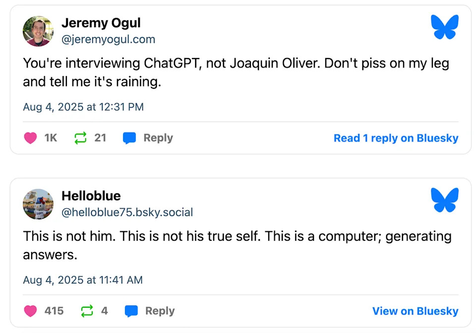 Two social media posts: One points out an interview with ChatGPT, not a real person. The other comments on AI's limitations in expressing true self
