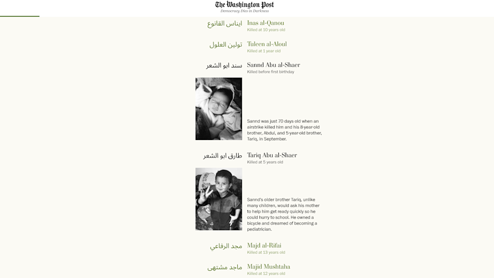 Capture d’écran de l’article du « Washington Post » recensant les enfants tués lors de la guerre à Gaza.