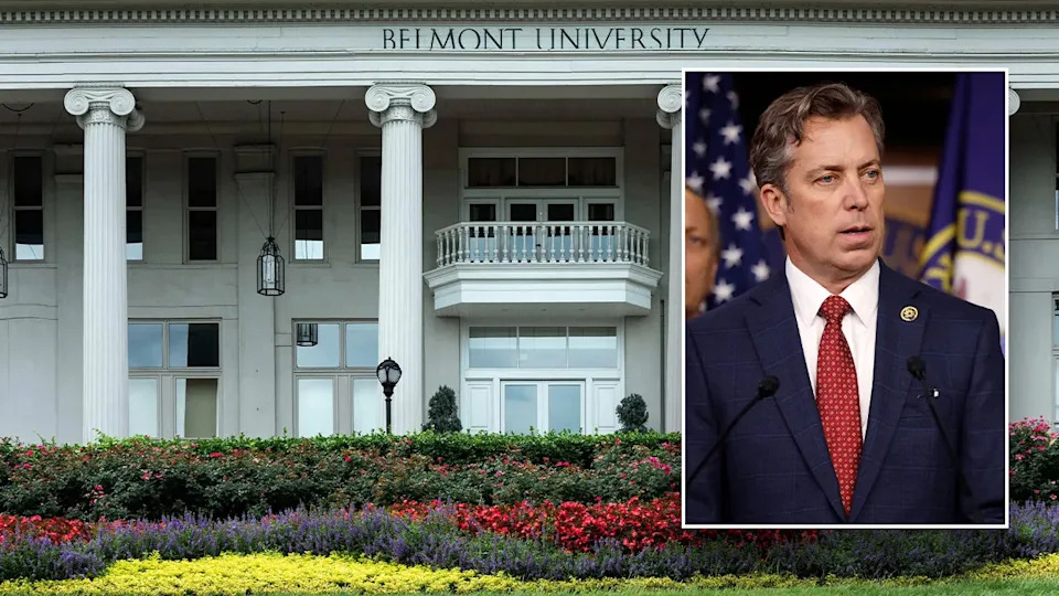 Belmont University building, main; Rep. Ogles in right inset