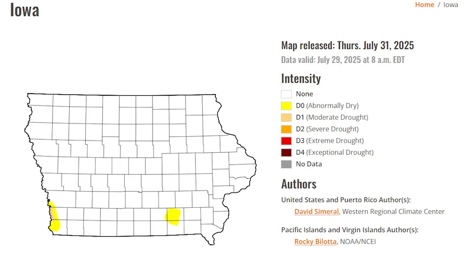Over 98% of Iowa is drought-free as of the U.S. Drought Monitor report on July 31, 2025.
