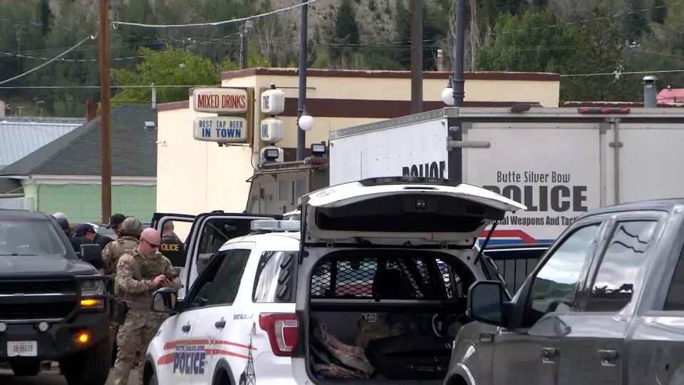Police work the scene of a shooting in Anaconda, Montana, on August 1, 2025. - KWYB/KTMF