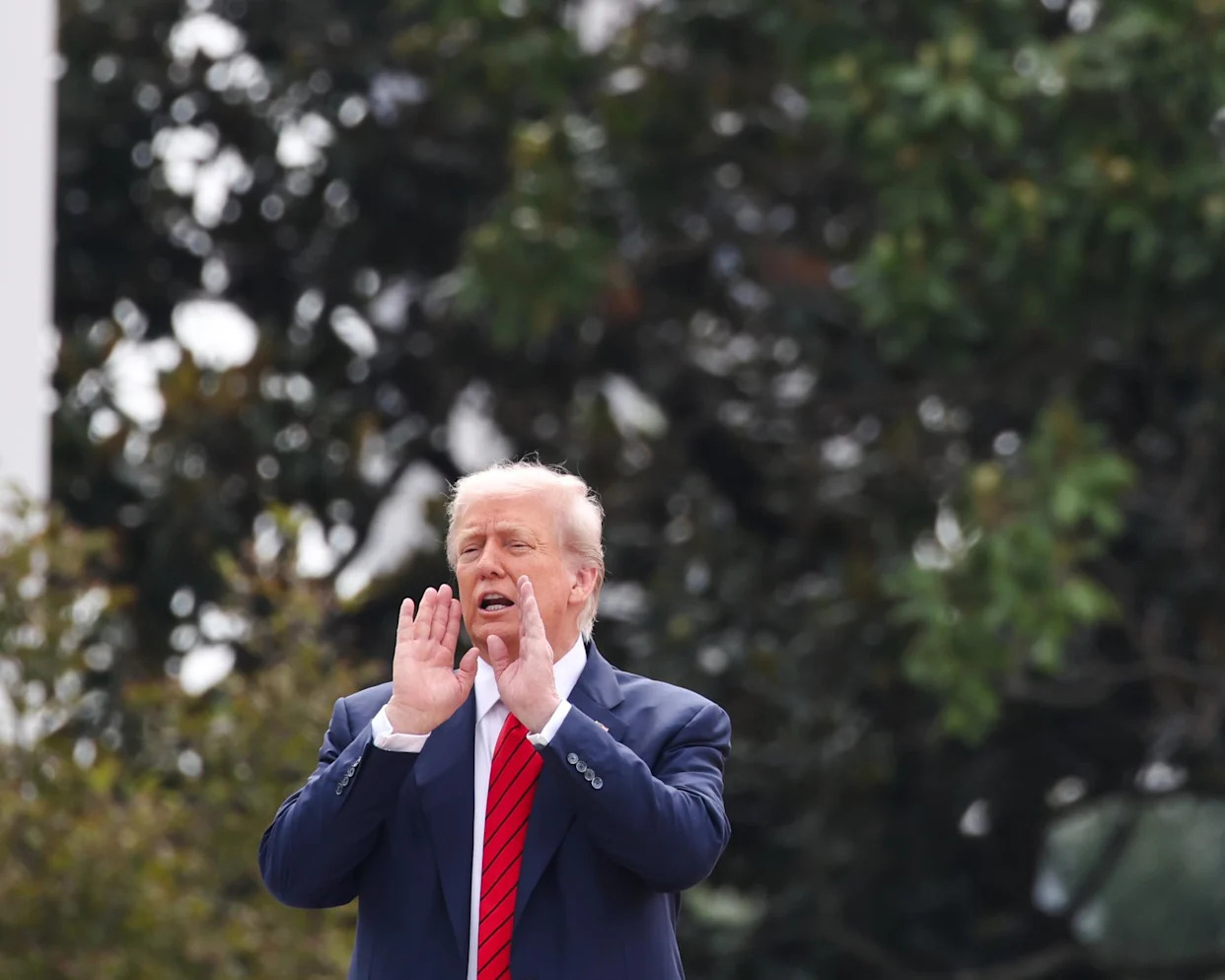 <span>Donald Trump gestures to the media as he tours the roof at the White House in Washington DC, on Tuesday.</span><span>Photograph: Samuel Corum/EPA</span>