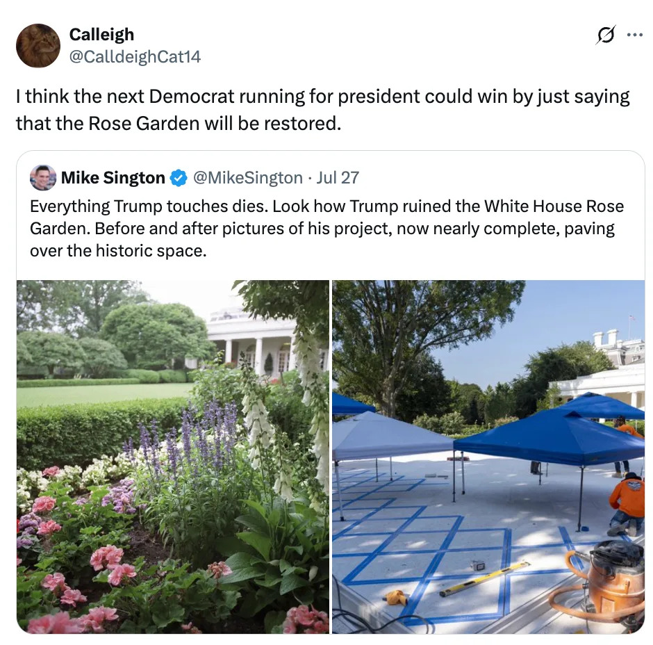 Tweet with text about the White House Rose Garden restoration, including before and after photos showing changes made during Trump's administration