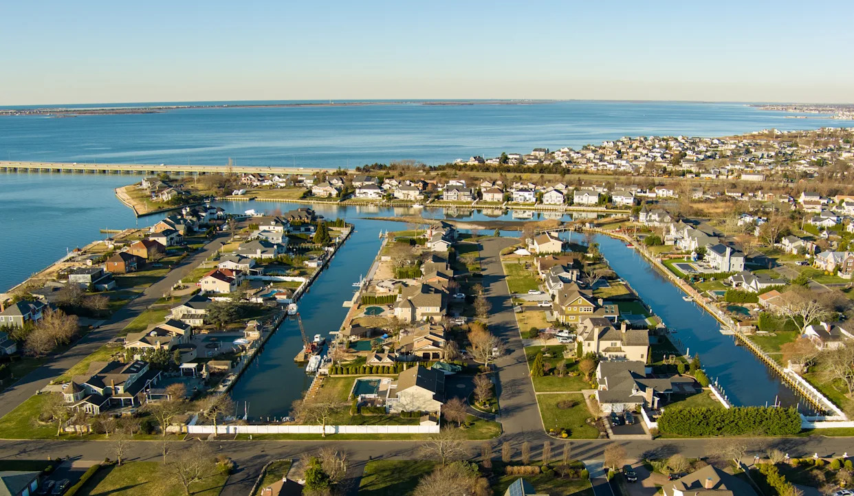 Aerial view of Long Island waterfront homes.