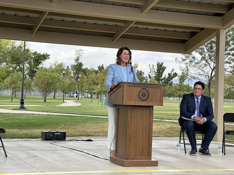 Lt. Gov. Deidre Henderson speaks at a press conference Thursday announcing the launch of an interactive data dashboard that aims to fill information gaps to prevent domestic violence. | Cassidy Wixom, KSL.com