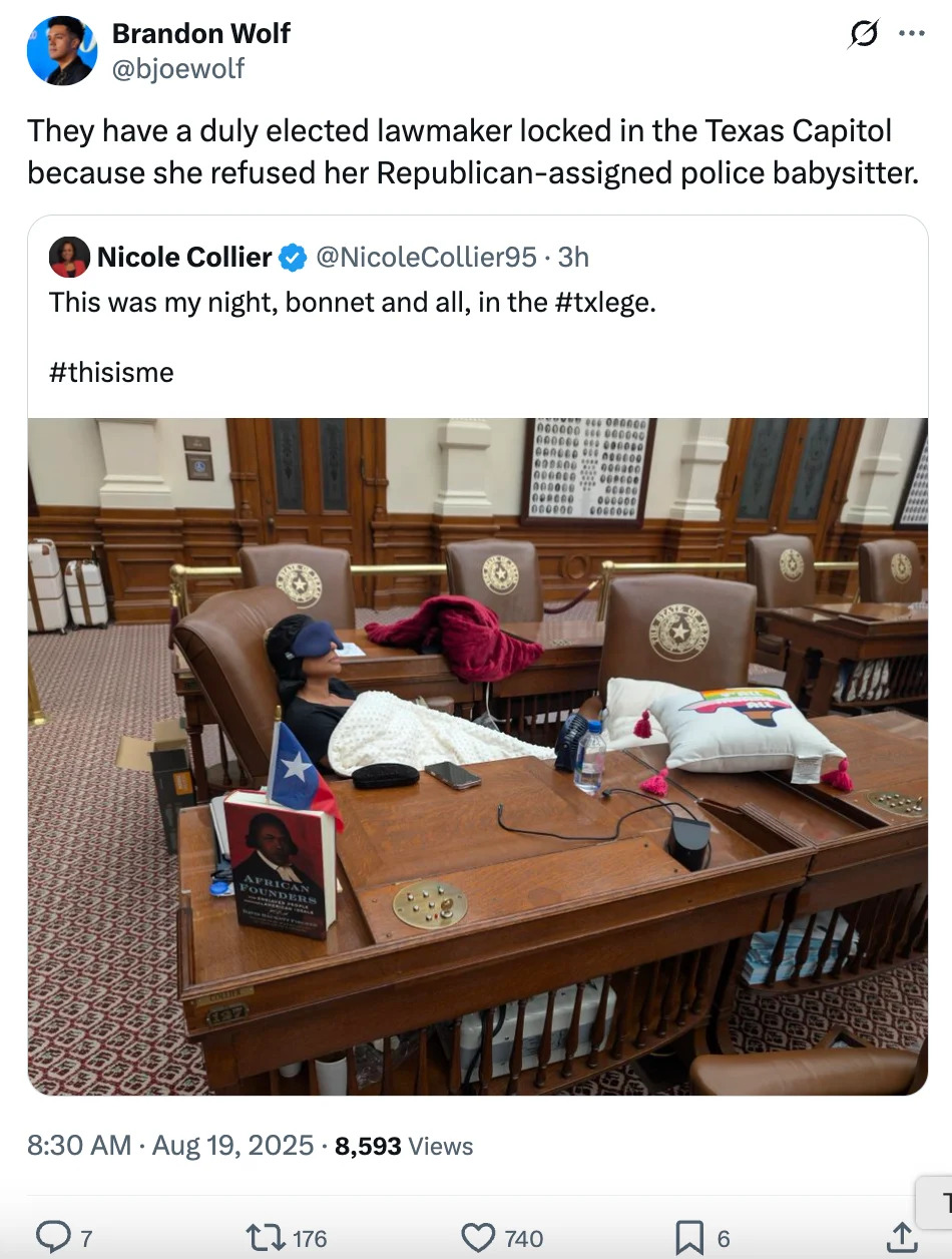 A lawmaker lies on a couch in the Texas Capitol, wrapped in blankets, with a book nearby. The scene highlights a protest against a security assignment