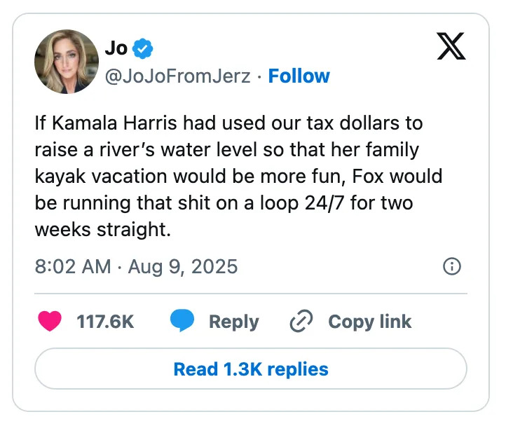 Tweet by Jo criticizing Fox for potential bias if Kamala Harris had used tax dollars for a family vacation