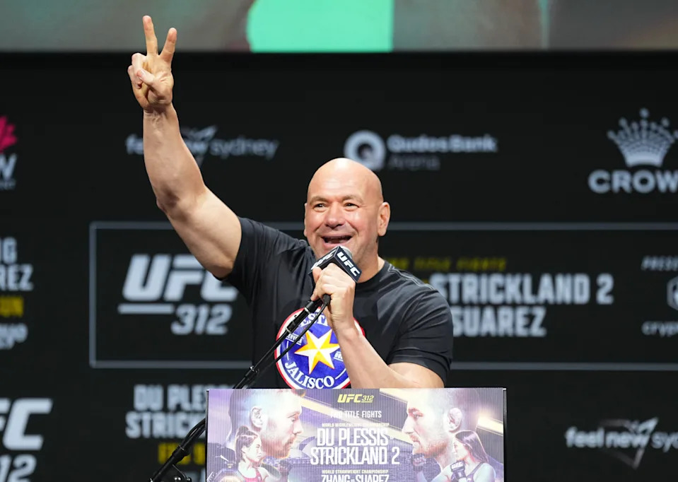 SYDNEY, AUSTRALIA - FEBRUARY 06: UFC CEO Dana White is seen on stage during the UFC 312 press conference at Qudos Bank Arena on February 06, 2025 in Sydney, Australia. (Photo by Jeff Bottari/Zuffa LLC)