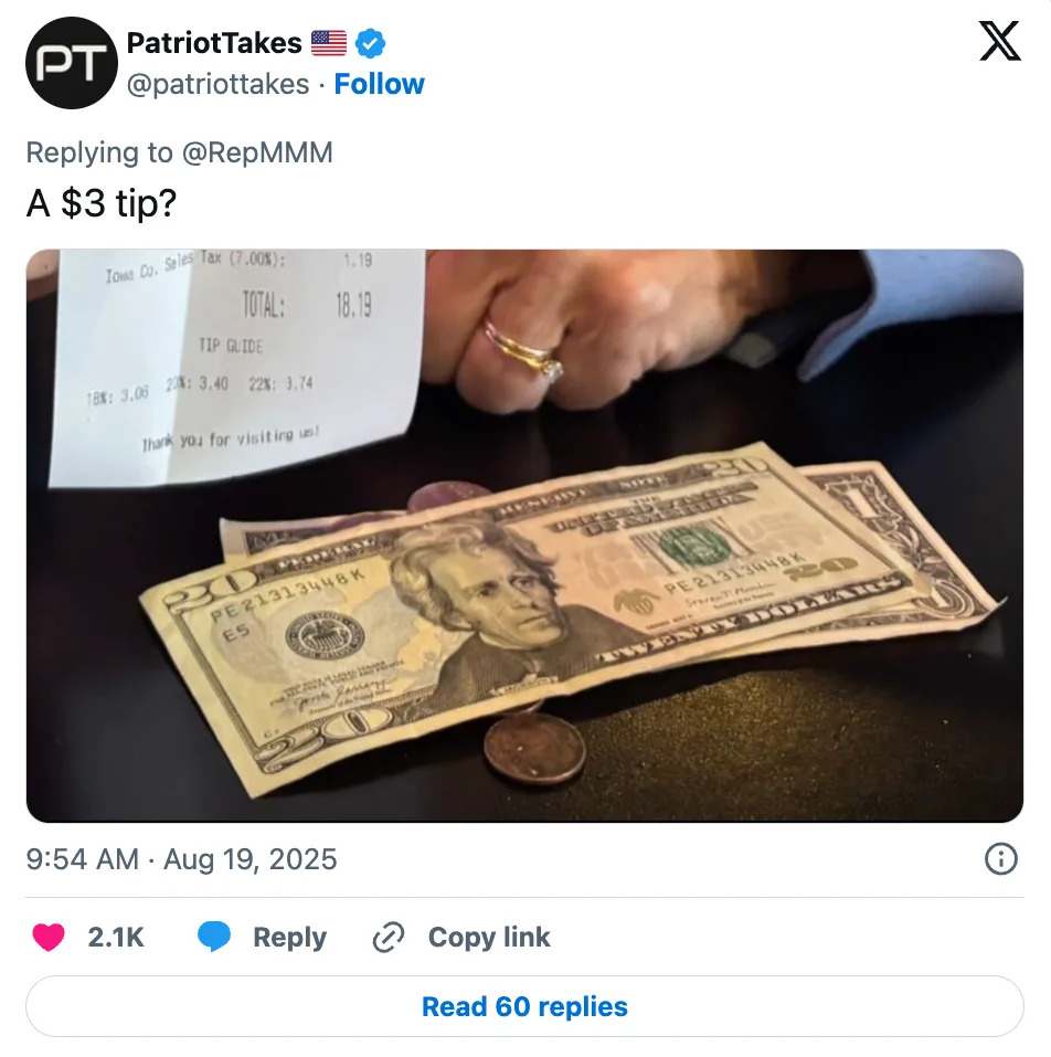 Receipt showing an $18.13 total with a $3 tip, next to a $20 bill and $5 bill on a table