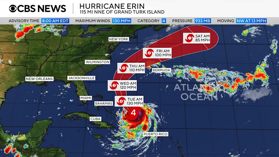 Map shows the forecast path of Hurricane Erin as of Aug. 18, 2025. / Credit: CBS News