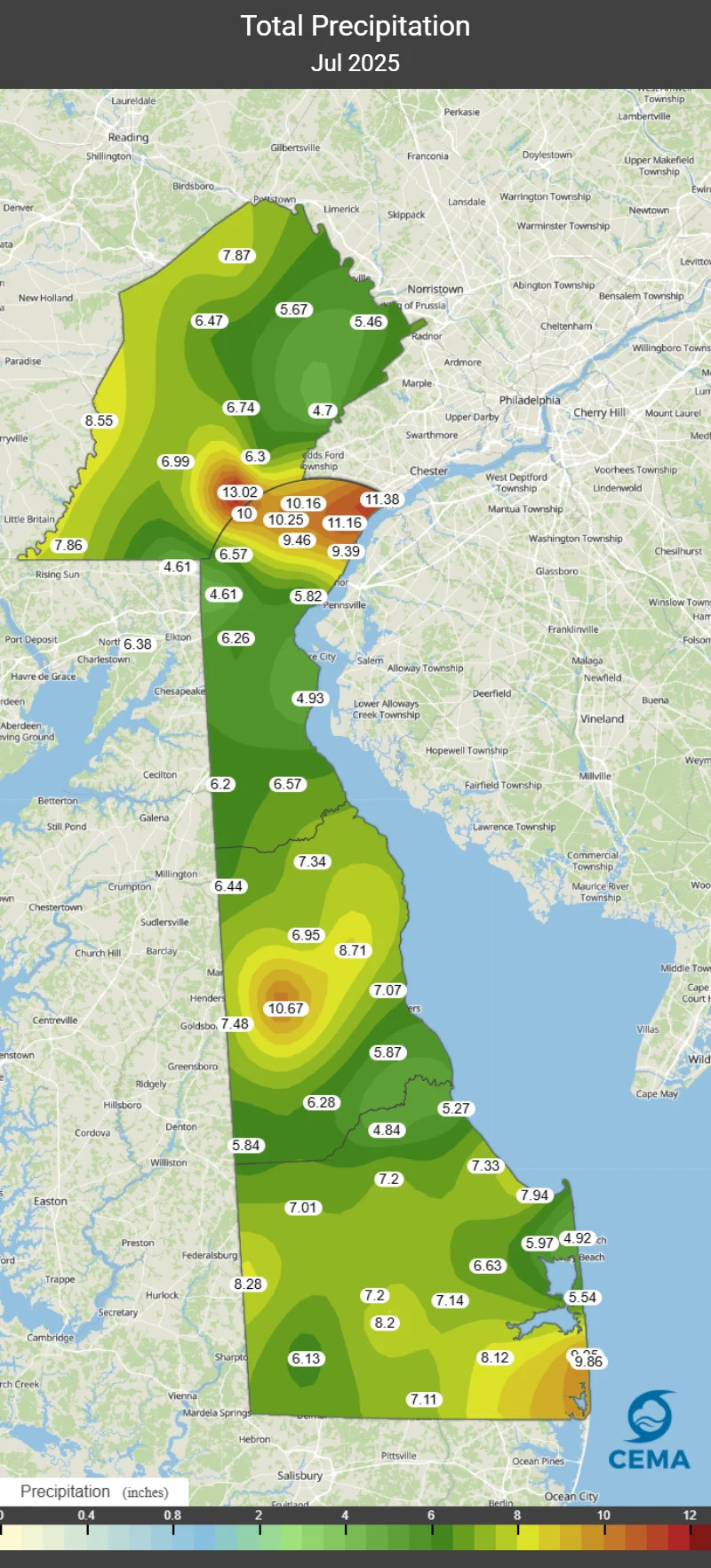 This Delaware Environmental Observing System map shows the monthly rainfall totals in July, with light green for the lower totals in Delaware, and yellow, orange and red for the higher totals.