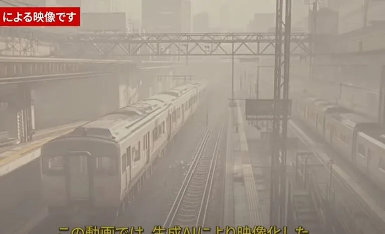 Una imagen generada con inteligencia artificial muestra cenizas sobre los trenes de Tokio