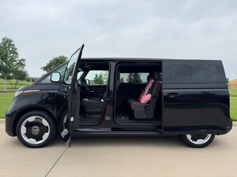 The exterior of the 2025 VW ID. Buzz with car seats installed
