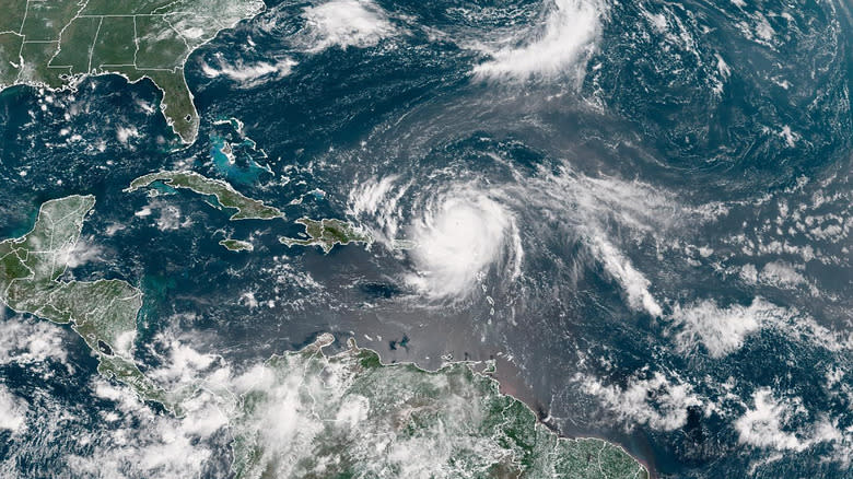 In this NOAA image taken by the GOES satellite, Hurricane Erin crosses the Atlantic Ocean as it moves west on August 16, 2025.