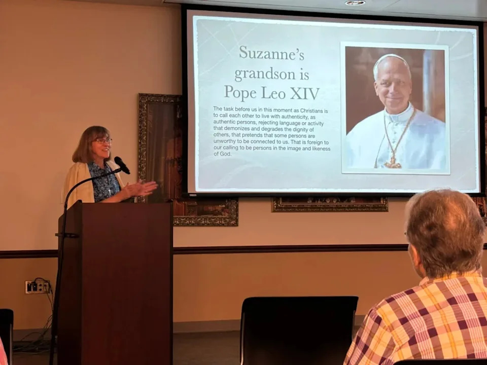  Sister Kay Kramer gives a presentation on Aug. 18, 2025. Kramer points out that even the current pope, Chicago-born Leo XIV, is descended from immigrants to the United States. (Photo by Nathan Granger/LINK nky)