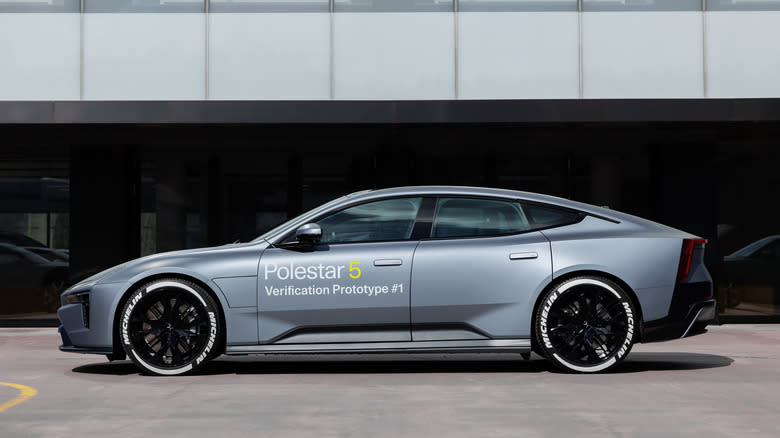The Polestar 5 Verification Prototype #1 parked outside a building