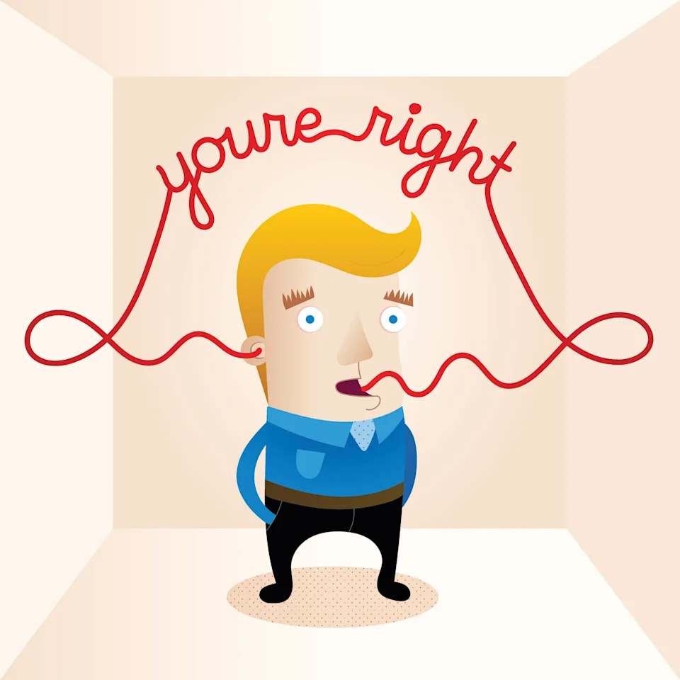 Illustration of a person with string spelling "you're right" looping from their ears and mouth, conveying the idea of listening and communication