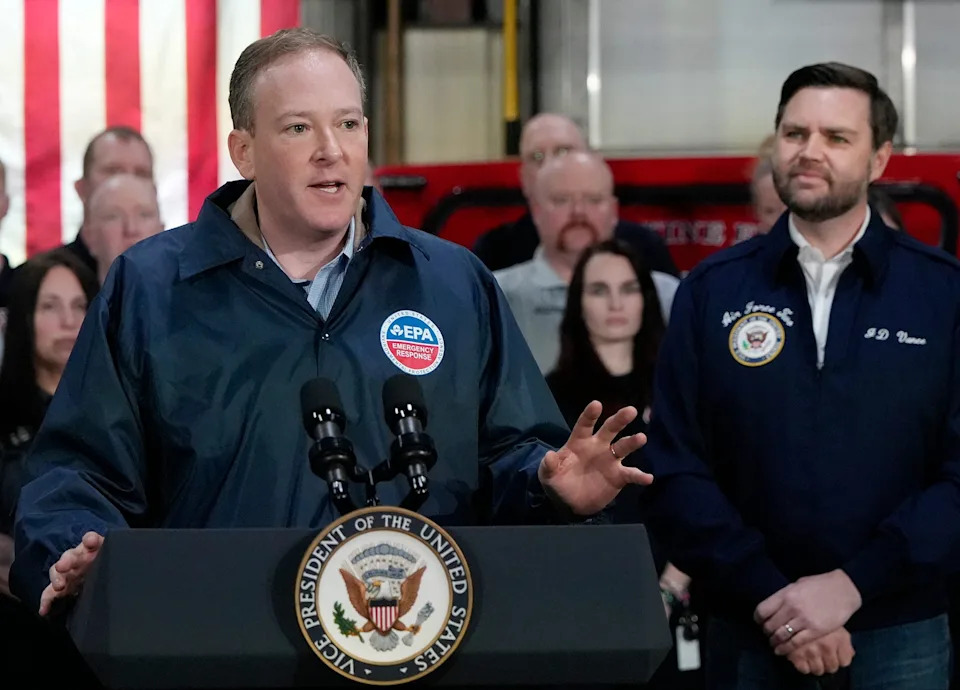 EPA Administrator Lee Zeldin addresses the media as Vice President JD Vance listens at Fire Station 2 in East Palestine, Ohio on Feb. 3, 2025. Vice President Vance came to East Palestine to mark the second anniversary of the Norfolk Southern Train derailment.